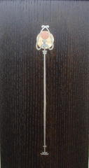 Close-up large inlay in center slat. Pewter, copper and curly maple. 
